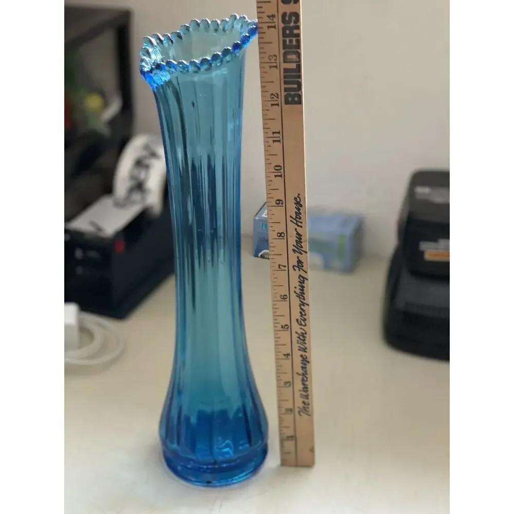 Ubiquitous Ribbed Panel Peacock Blue Swung Vase LE‎ Smith Glass 14”